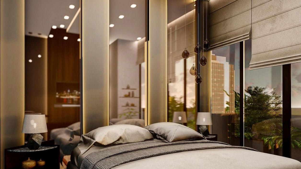 Chambre classique élégante avec lit double et éclairage chaud